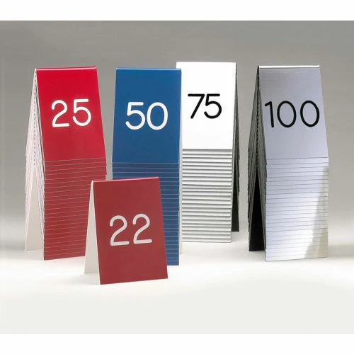 Cal-Mil 271B-1 Engraved Number Tent Sets #26-50 Red with White Engraving 3-1/2"W x 5"H 3 Cal-Mil 271B-1 Engraved Number Tent Sets #26-50 Red with White Engraving 3-1/2"W x 5"H