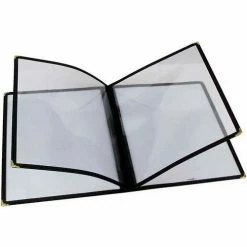 Winco PMCF-9K Four Page Menu Cover, 9-1/2"W, 12"H, Plastic W/ Vinyl Binding, Three Page, Black - Pkg Qty 25